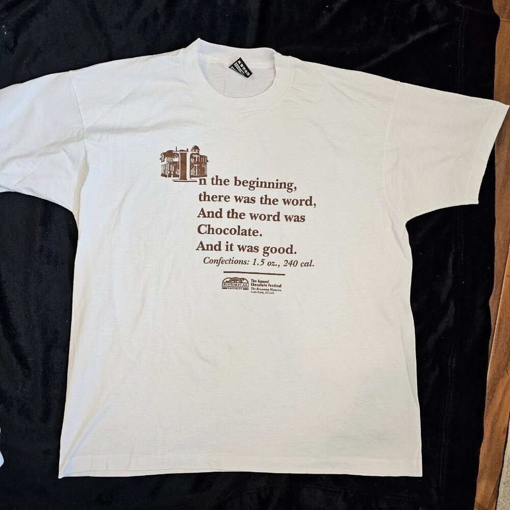 Vintage 90s Chocolate Scripture Funny Tshirt Tee L/XL Single Stitch‎ White Bible